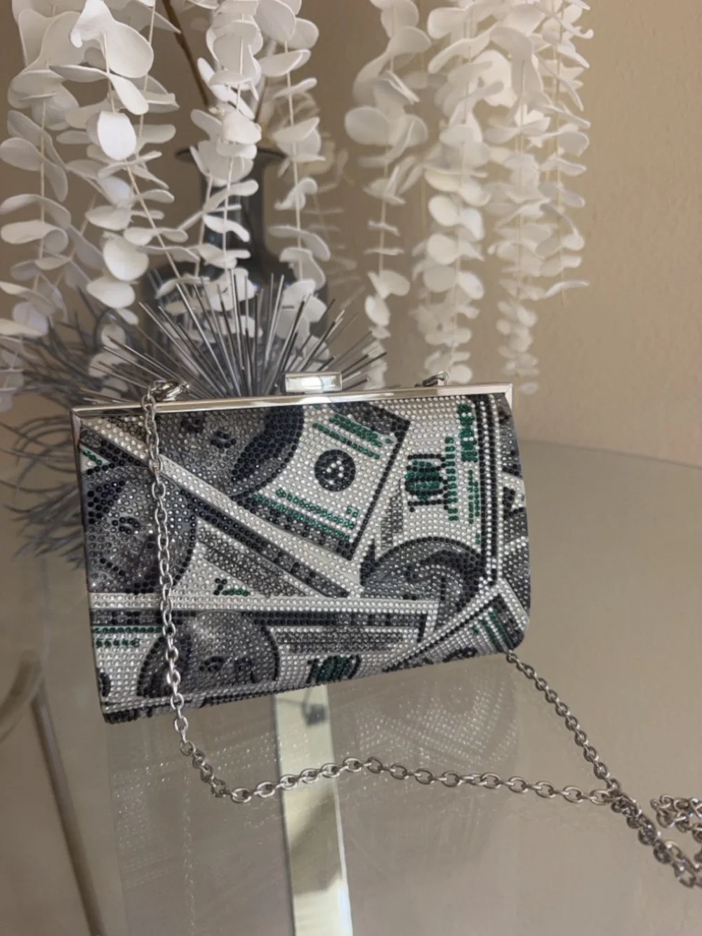 Crystal Money Print Evening Clutch - Silver & Green